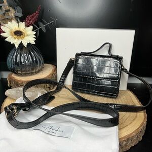 L’Academie Brea Black Croc-Embossed Micro Bag Crossbody Purse with Box & Bag